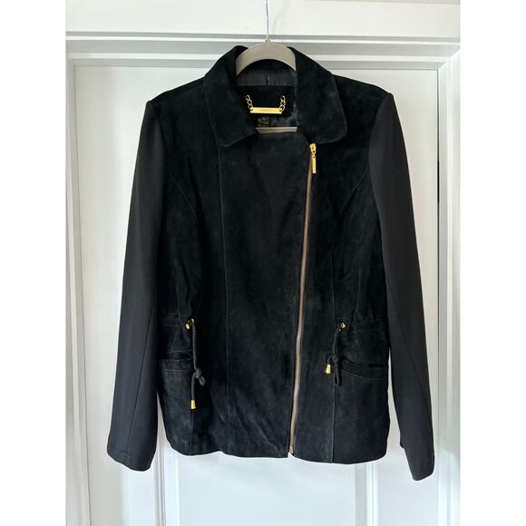 IMAN Global Chic Leather Faux Suede Moto Jacket Black Size Medium EUC - Picture 1 of 7